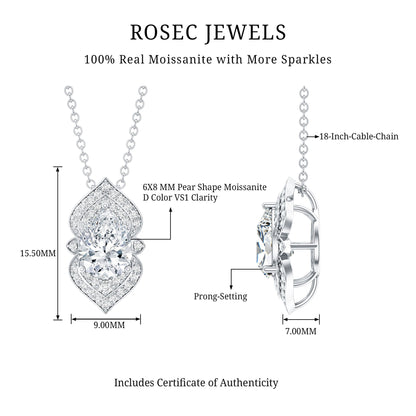 Certified 1.3 Carat Pear Cut Moissanite Vintage Necklace with Silver Chain