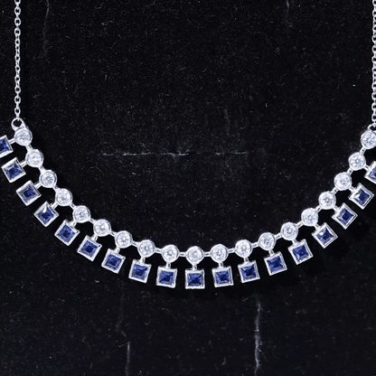 Sterling Silver Lab Grown Blue Sapphire Curved Bar Necklace for Wedding