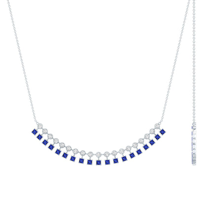 Sterling Silver Lab Grown Blue Sapphire Curved Bar Necklace for Wedding