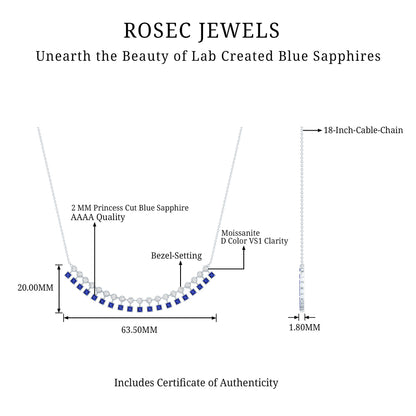 Sterling Silver Lab Grown Blue Sapphire Curved Bar Necklace for Wedding