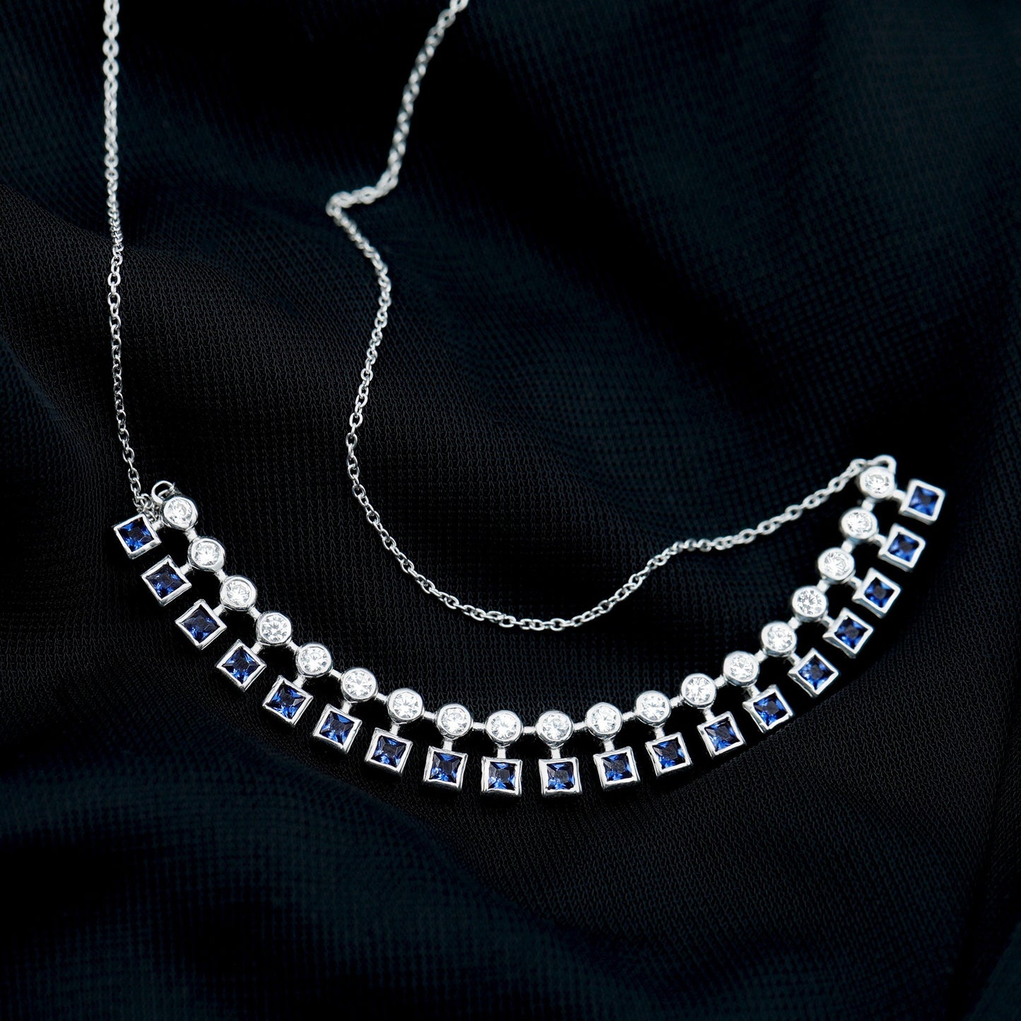 Sterling Silver Lab Grown Blue Sapphire Curved Bar Necklace for Wedding