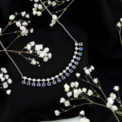 Sterling Silver Lab Grown Blue Sapphire Curved Bar Necklace for Wedding