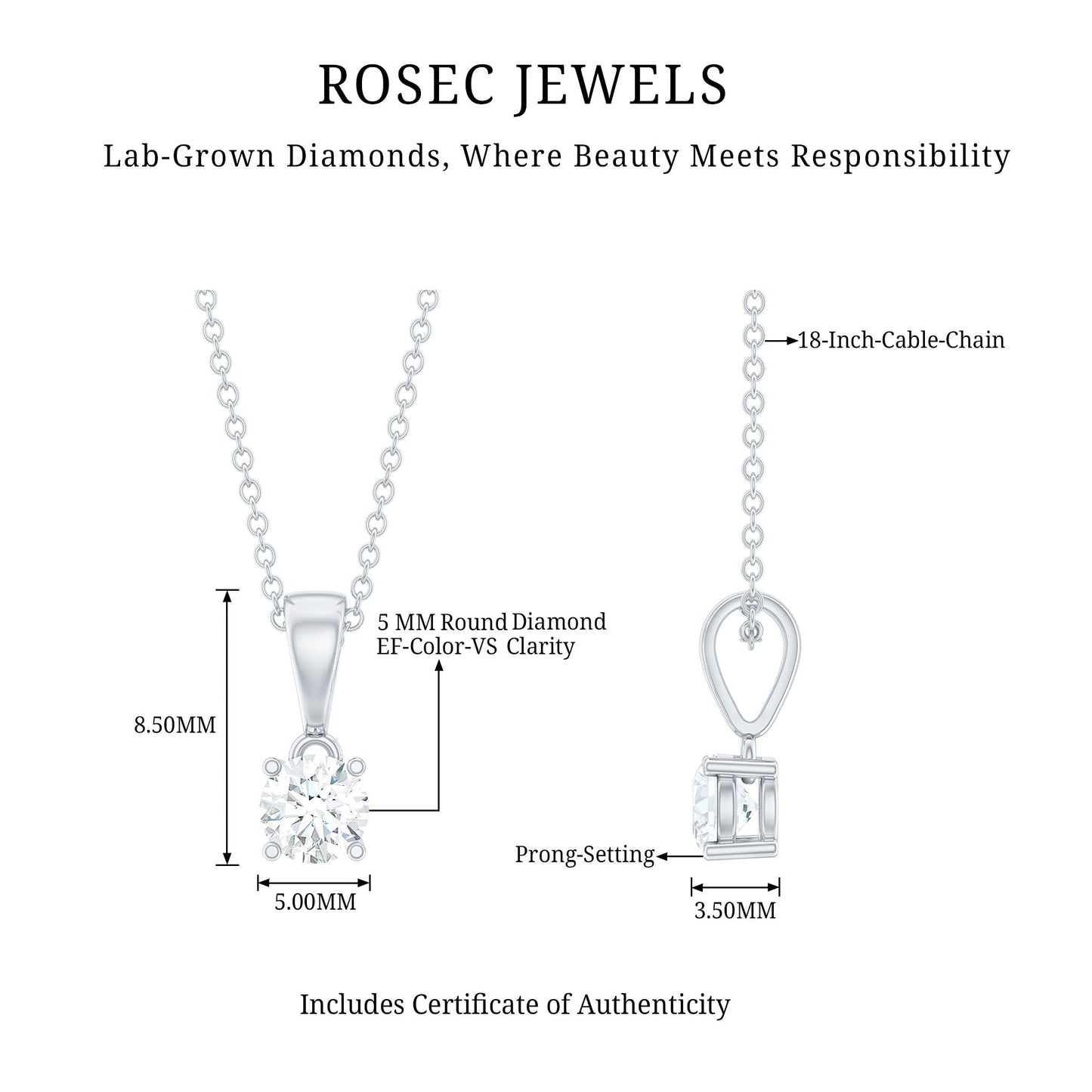 Round Brilliant Cut 5 MM Lab Diamond Solitaire Necklace for Women