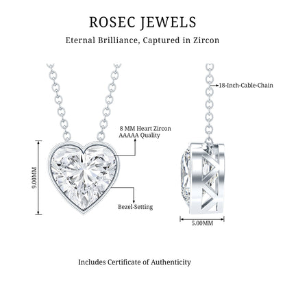 Bezel Set 2 Carat Cubic Zirconia Heart Pendant Necklace with Chain