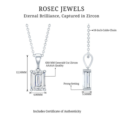 6X8mm Emerald Cut Cubic Zirconia Solitaire Necklace With Silver Chain