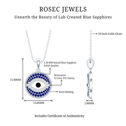 Sterling Silver Evil Eye Necklace with Blue Sapphire and Moissanite