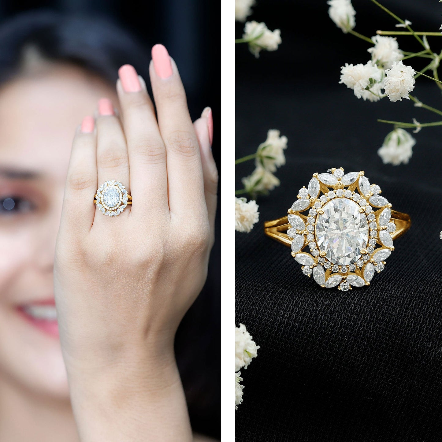 Oval Cut 7X9 MM Moissanite Double Halo Engagement Ring