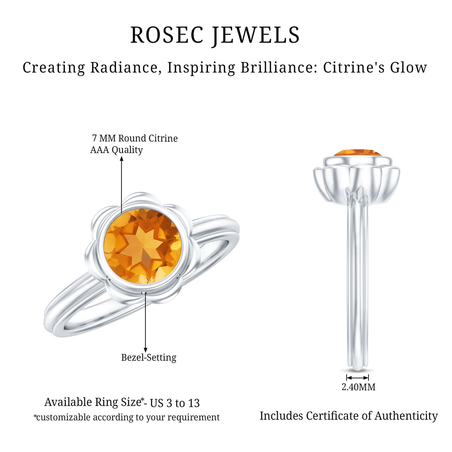1 Carat Citrine Solitaire Engagement Ring in Bezel Setting