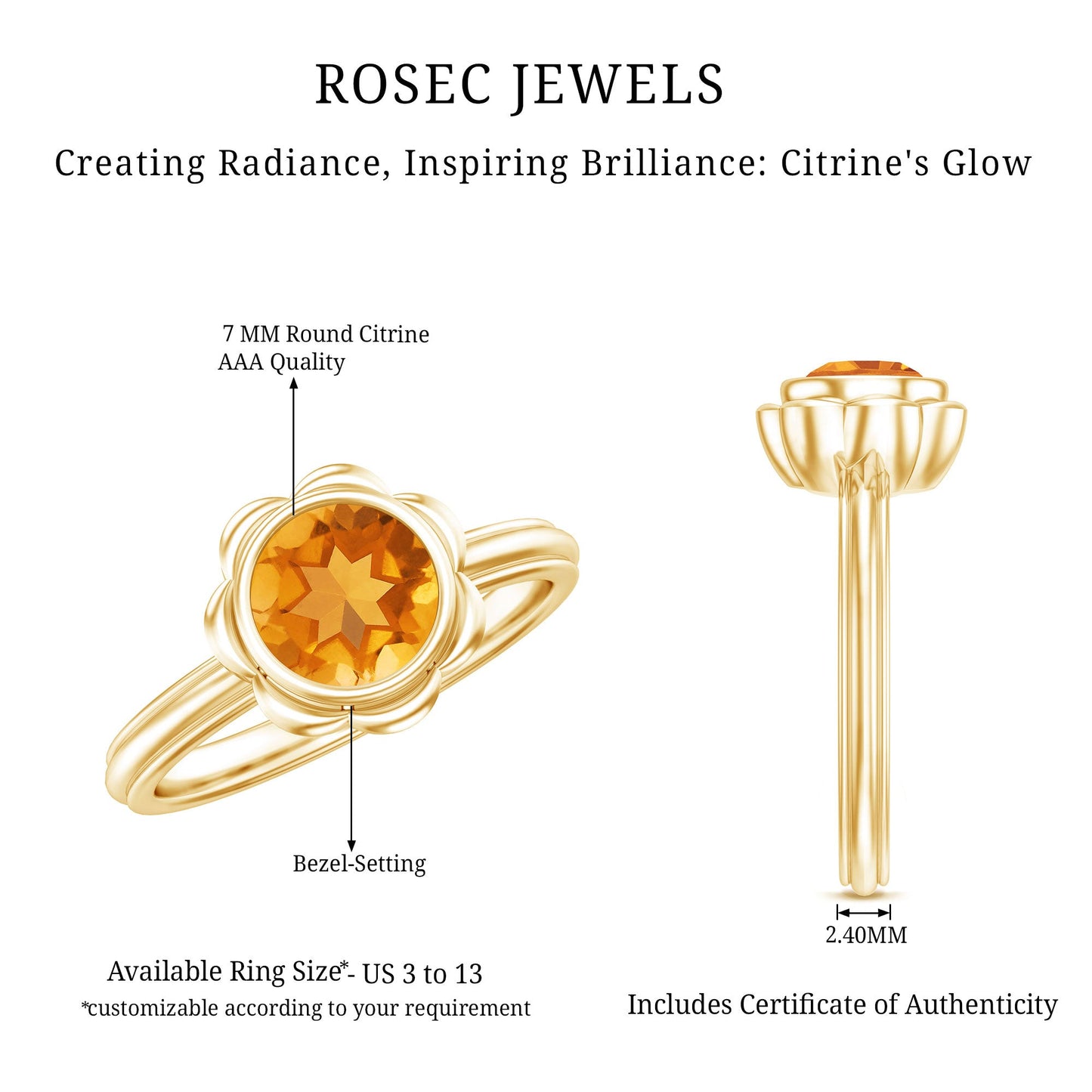 1 Carat Citrine Solitaire Engagement Ring in Bezel Setting