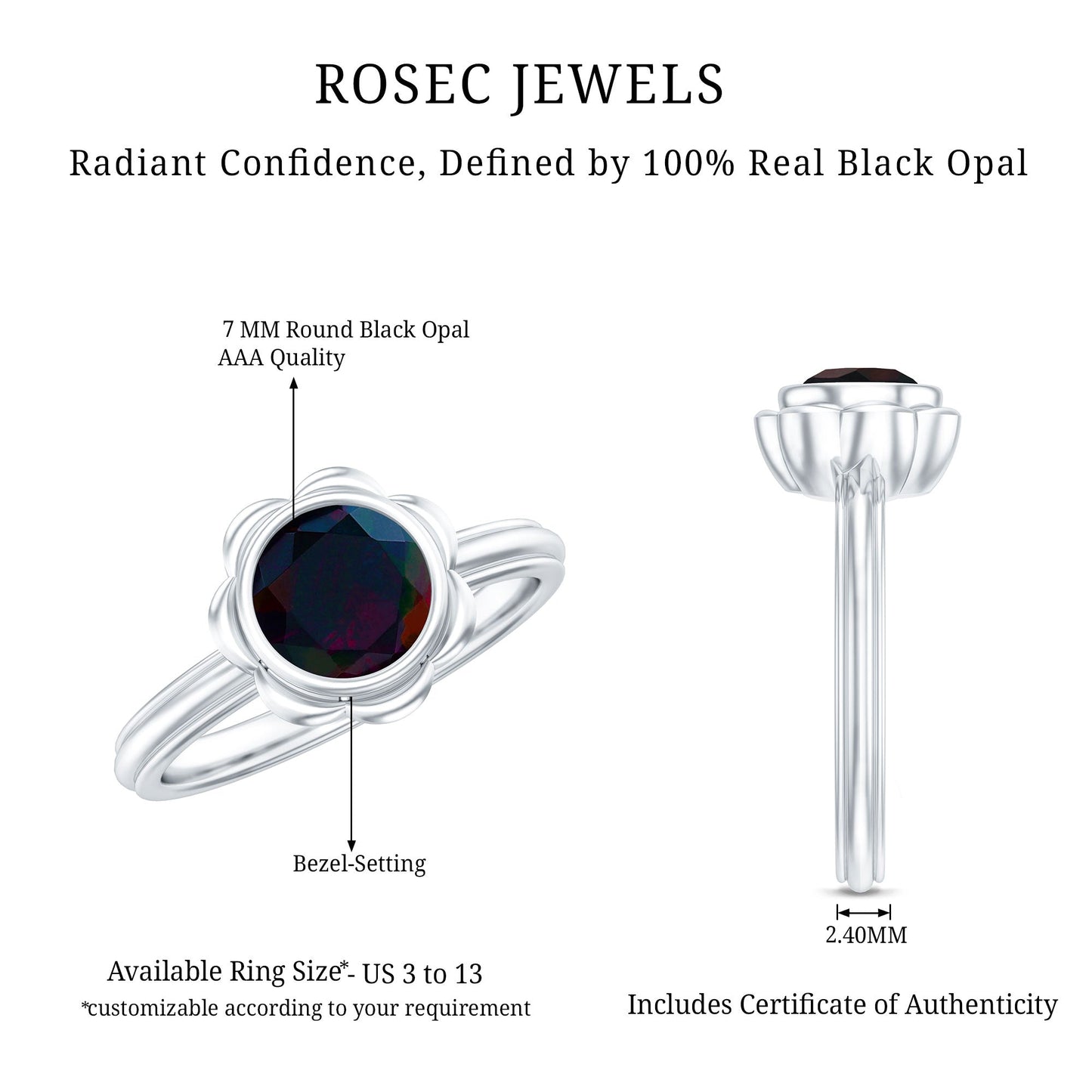 1.5 Carat Round Cut Black Opal Solitaire Engagement Ring in Bezel Setting