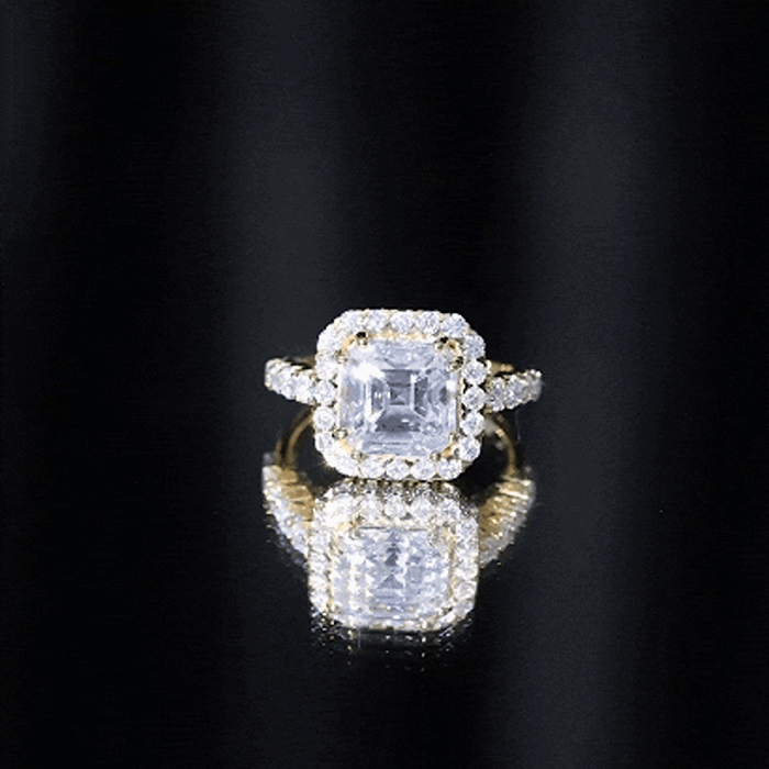 Certified 9 MM Asscher Cut Moissanite Halo Engagement Ring