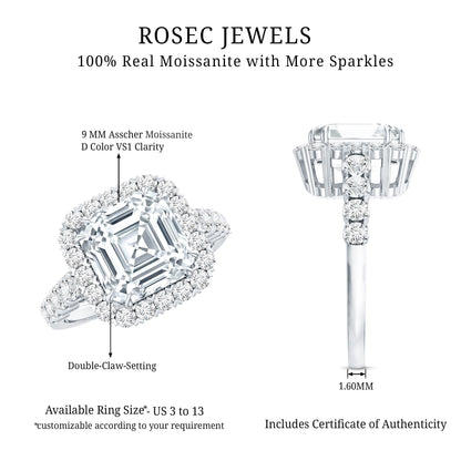 Certified 9 MM Asscher Cut Moissanite Halo Engagement Ring