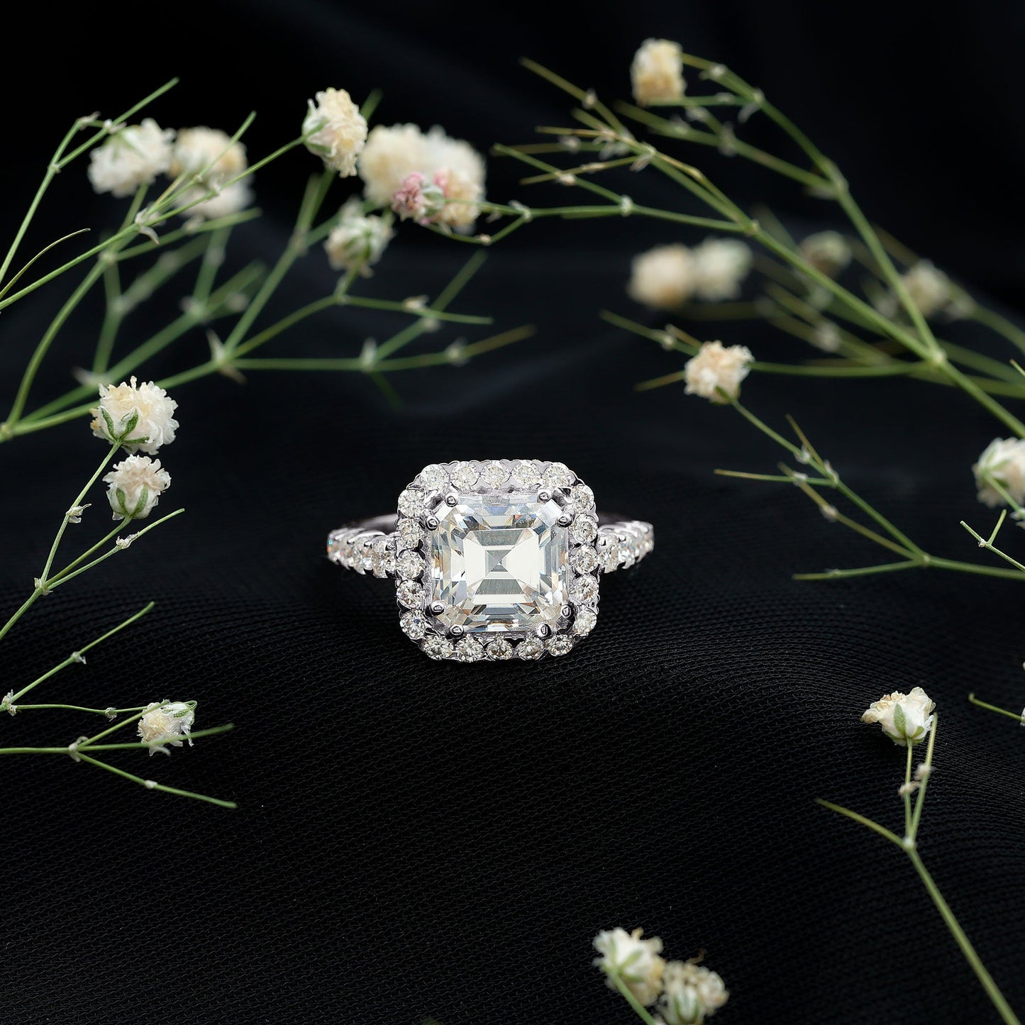 Certified 9 MM Asscher Cut Moissanite Halo Engagement Ring