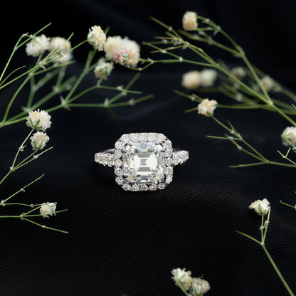 Certified 9 MM Asscher Cut Moissanite Halo Engagement Ring