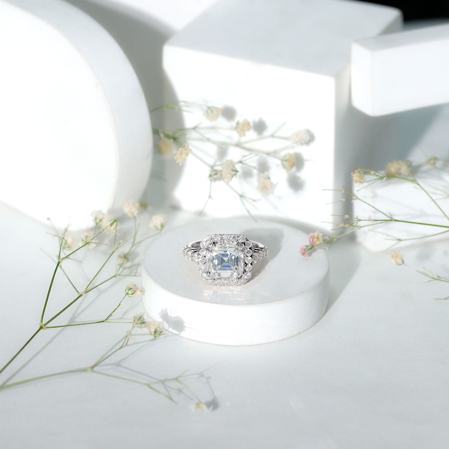 Certified 9 MM Asscher Cut Moissanite Halo Engagement Ring