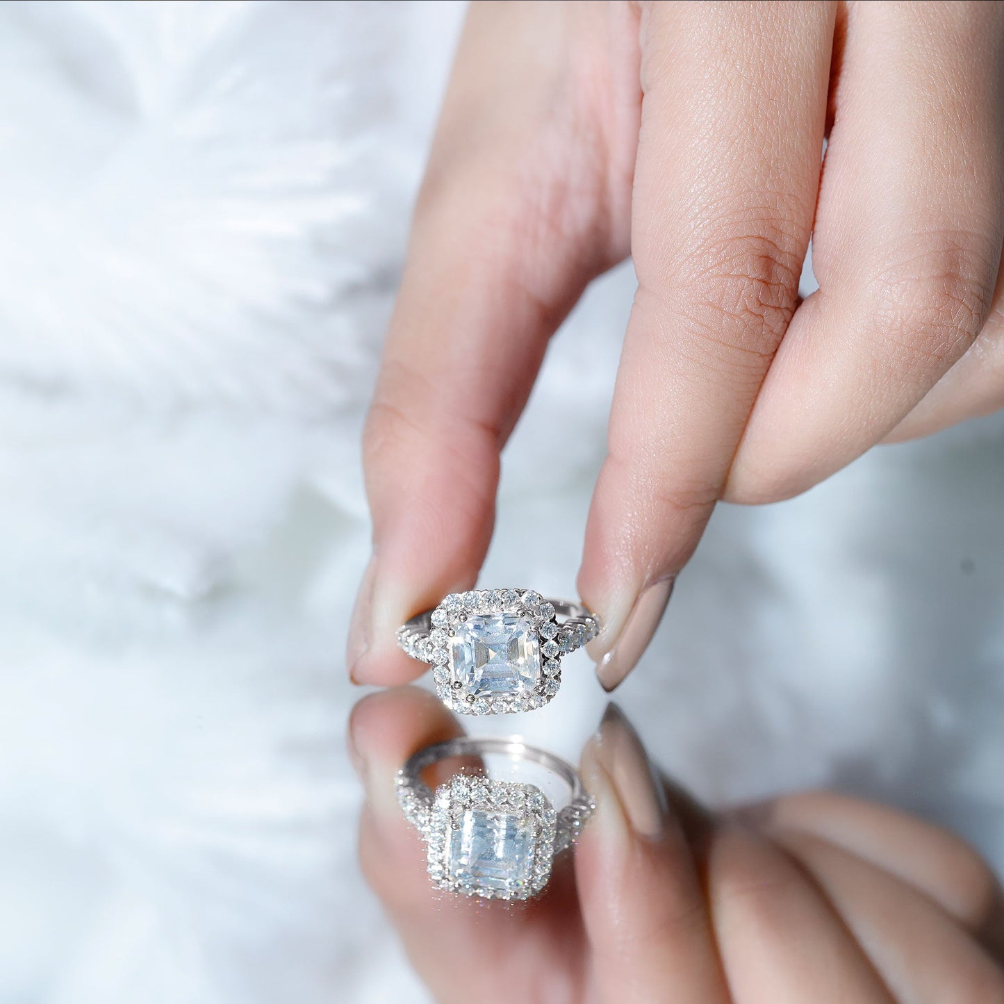 Certified 9 MM Asscher Cut Moissanite Halo Engagement Ring