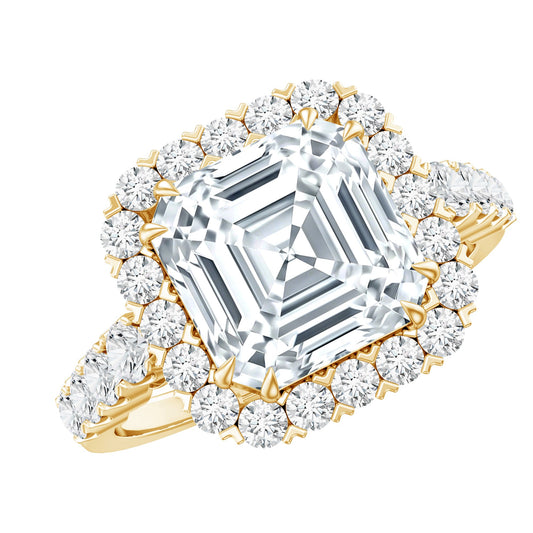 Certified 9 MM Asscher Cut Moissanite Halo Engagement Ring