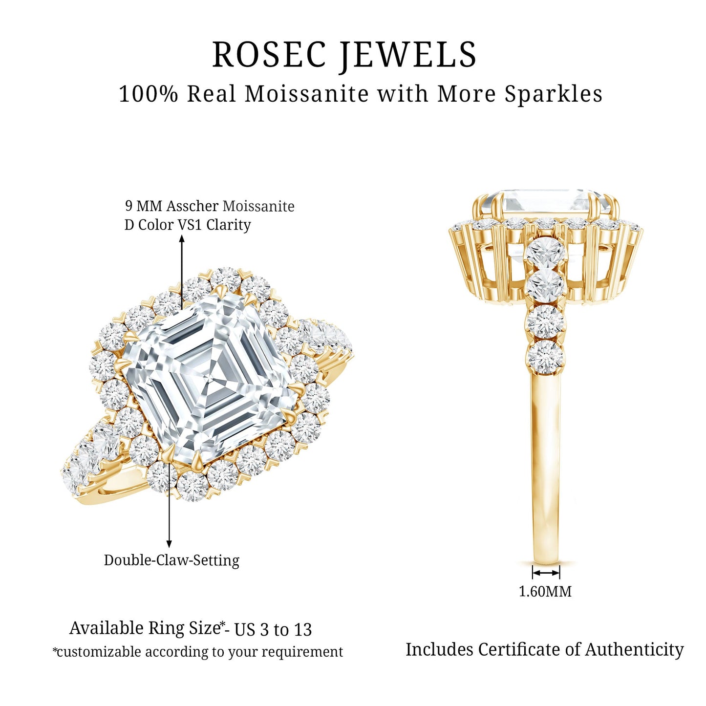 Certified 9 MM Asscher Cut Moissanite Halo Engagement Ring