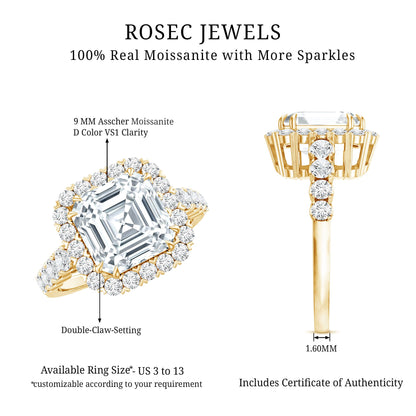 Certified 9 MM Asscher Cut Moissanite Halo Engagement Ring