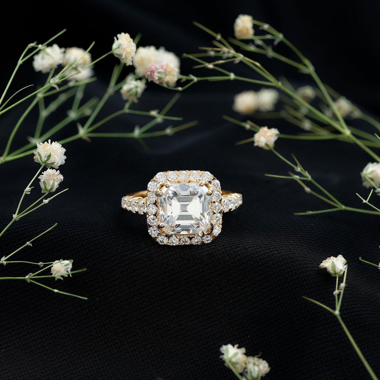 Certified 9 MM Asscher Cut Moissanite Halo Engagement Ring