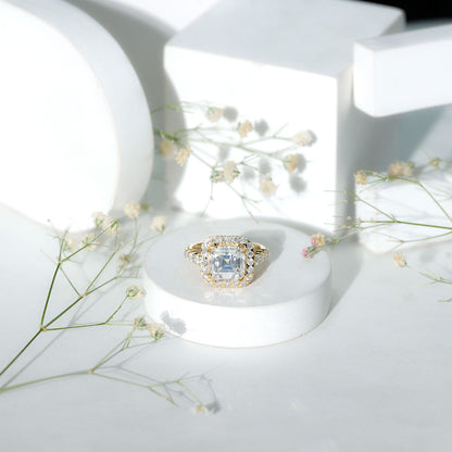 Certified 9 MM Asscher Cut Moissanite Halo Engagement Ring
