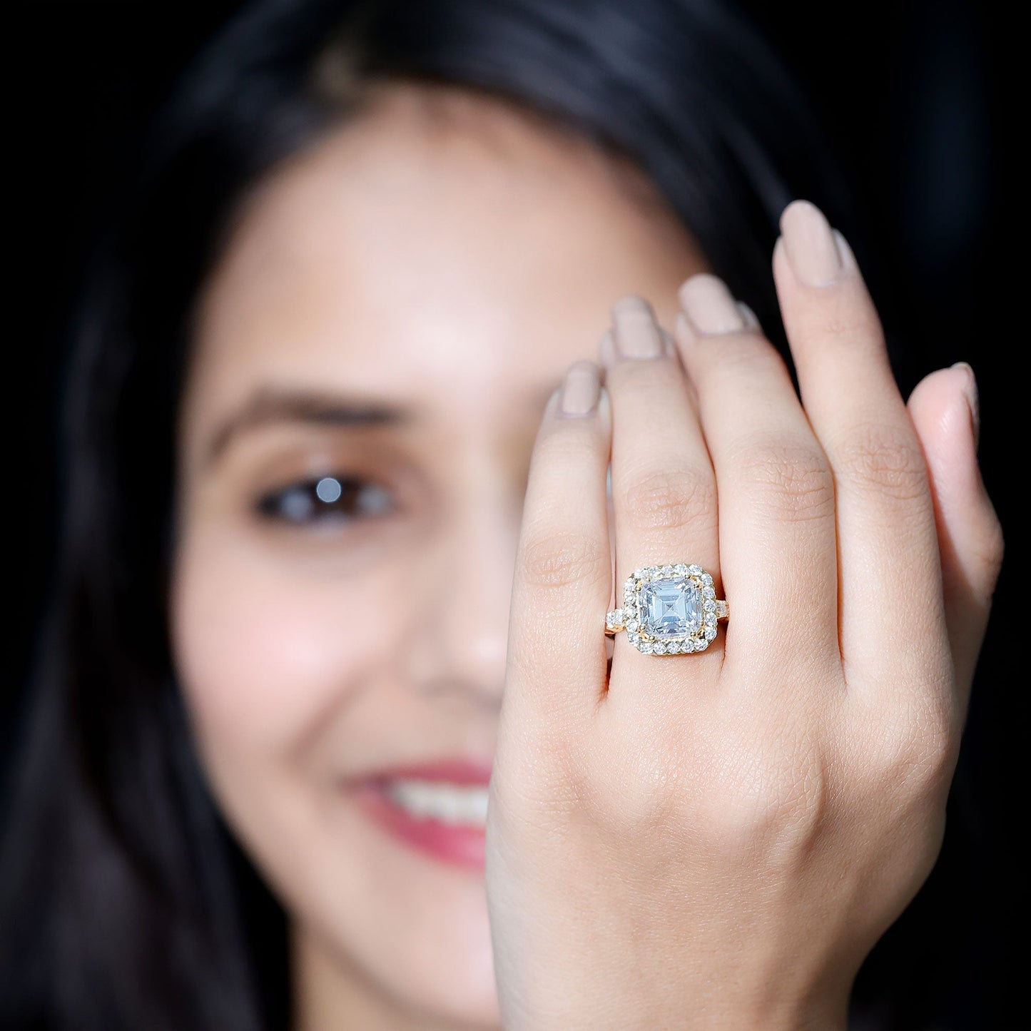 Certified 9 MM Asscher Cut Moissanite Halo Engagement Ring