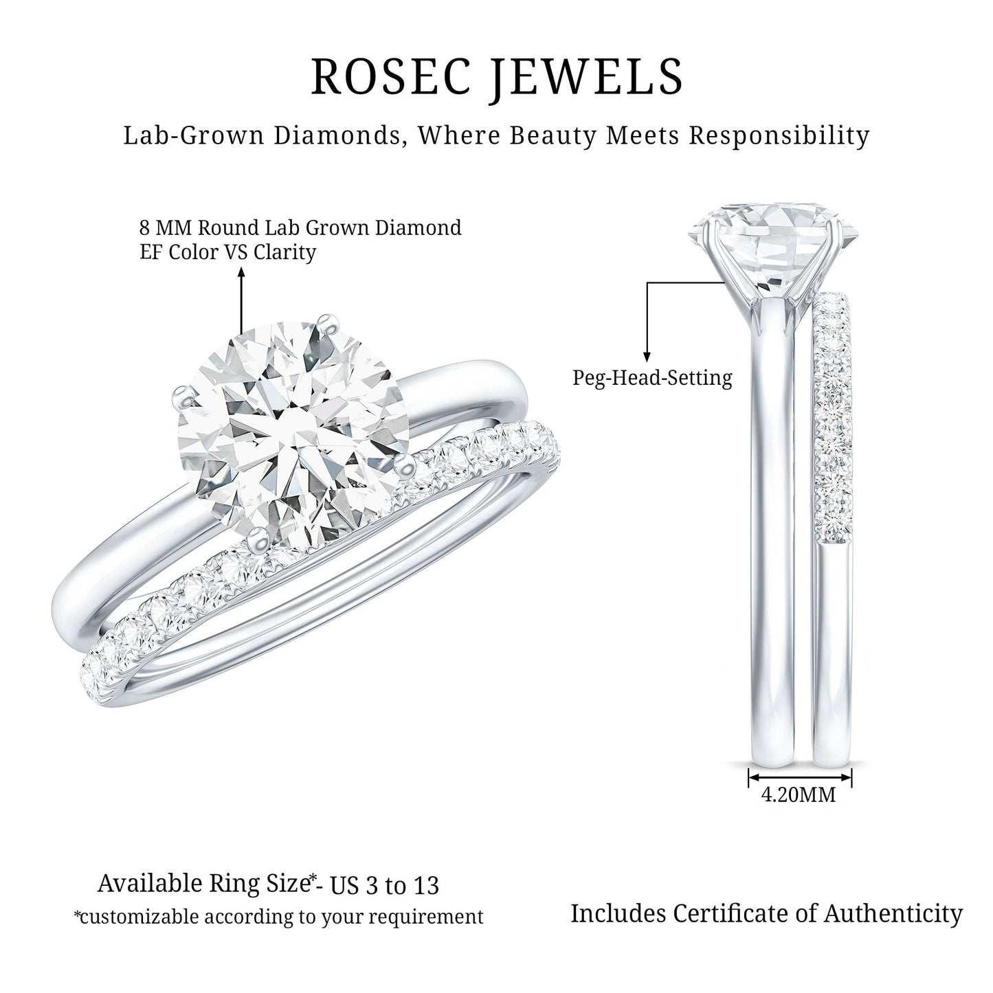 Certified 8 MM Lab Grown Diamond Solitaire Wedding Ring Set
