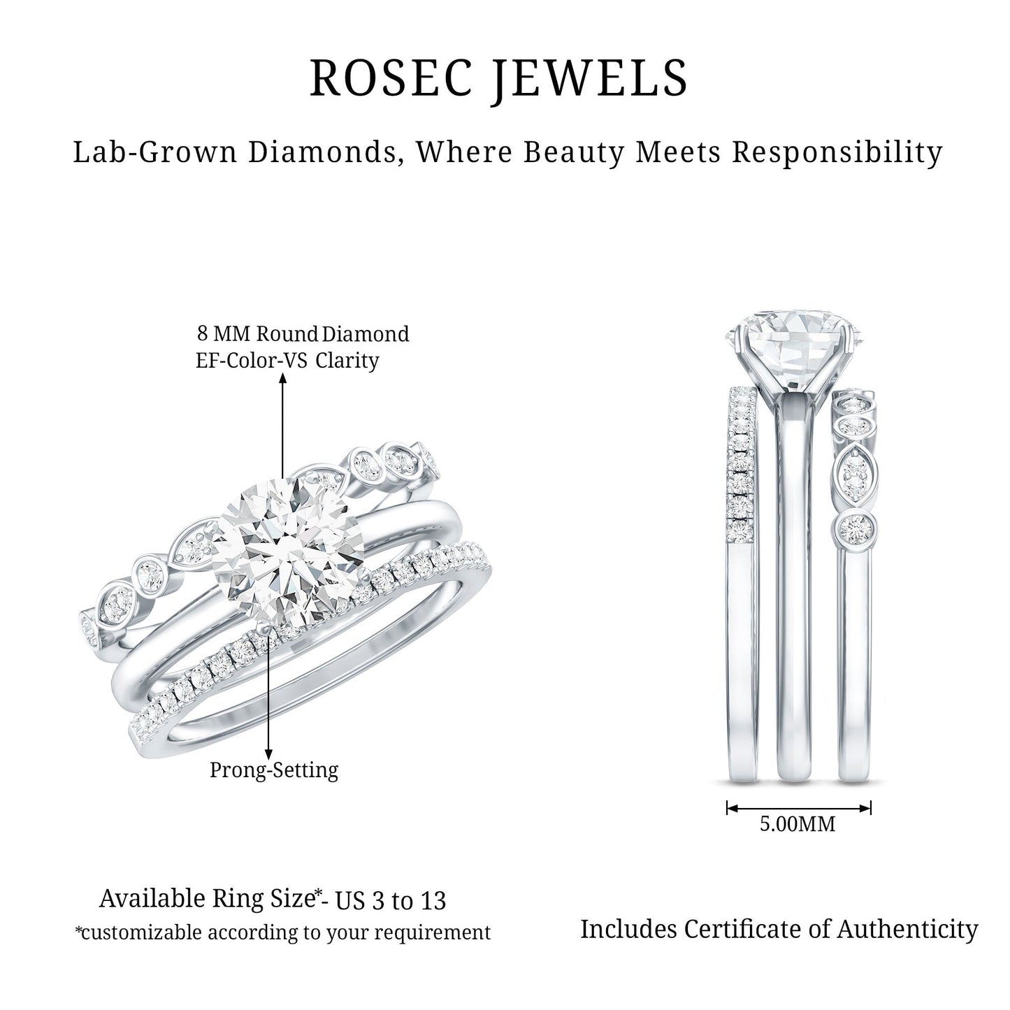 Certified Round Cut Lab Created Diamond 3 Piece Bridal Ring Set