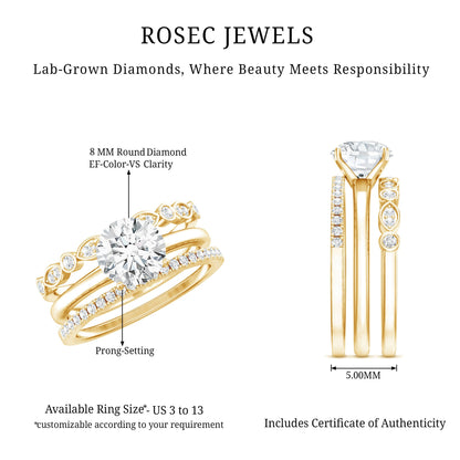 Certified Round Cut Lab Created Diamond 3 Piece Bridal Ring Set