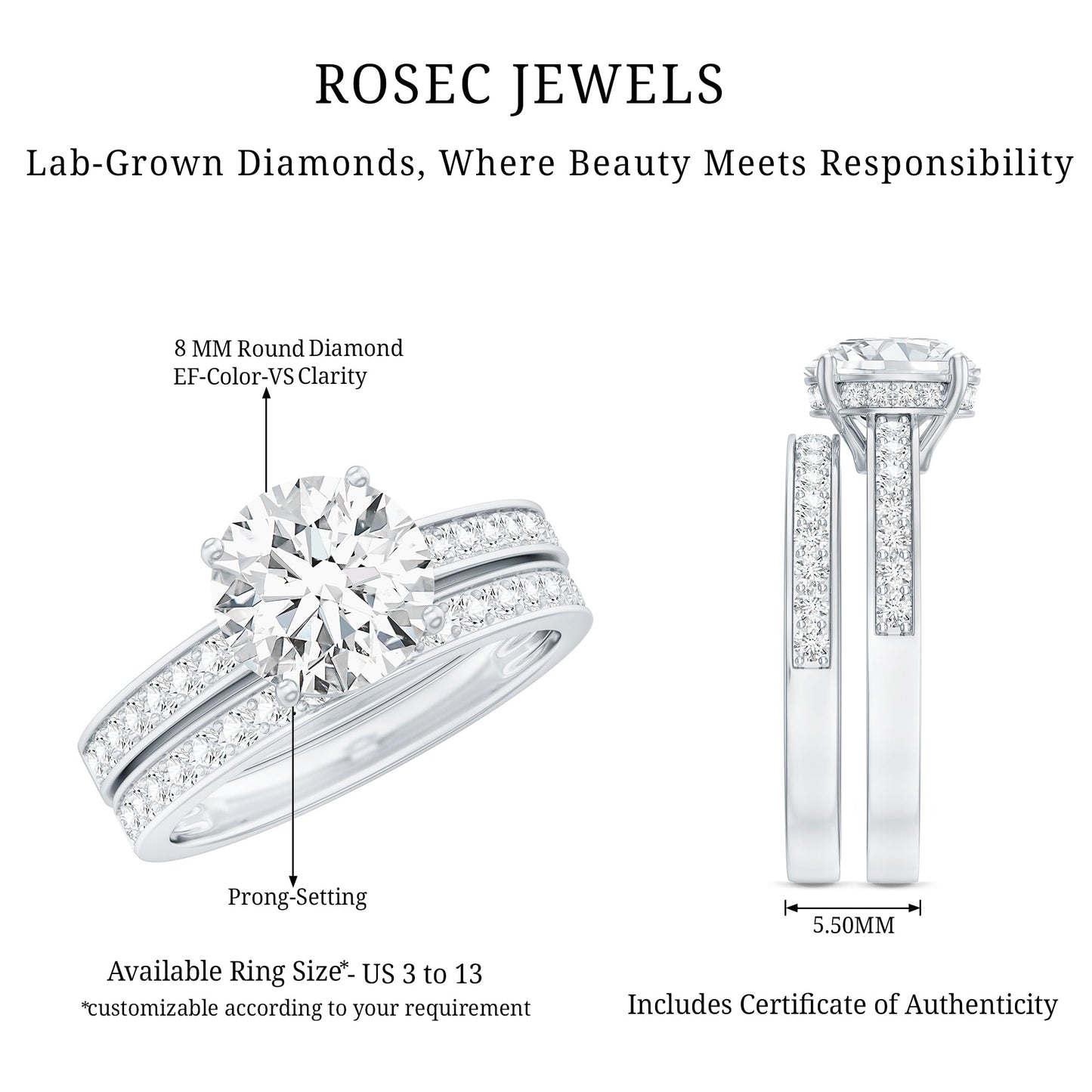 Certified 8 MM Lab Grown Diamond Engagement Ring With Wedding Band