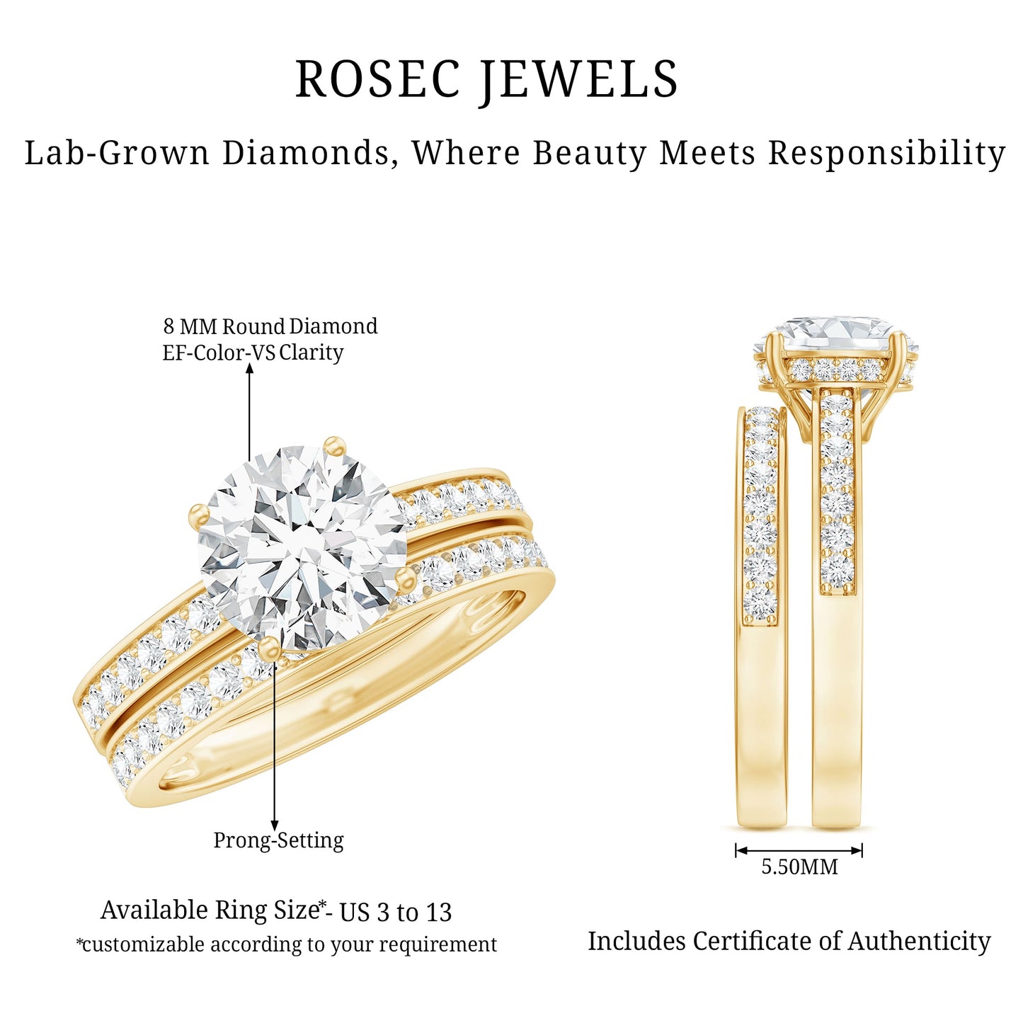 Certified 8 MM Lab Grown Diamond Engagement Ring With Wedding Band