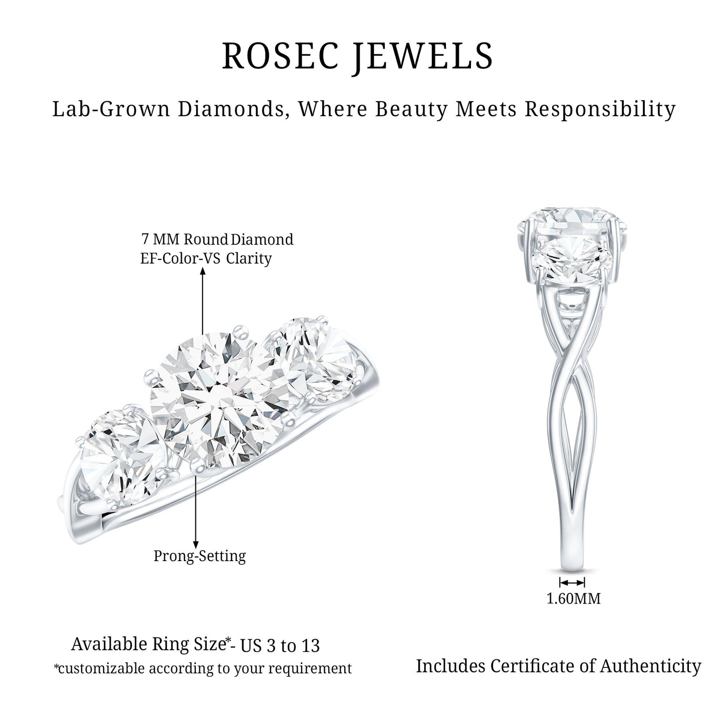 Lab Grown Diamond Three Stone Engagement Ring with Crossover Shank