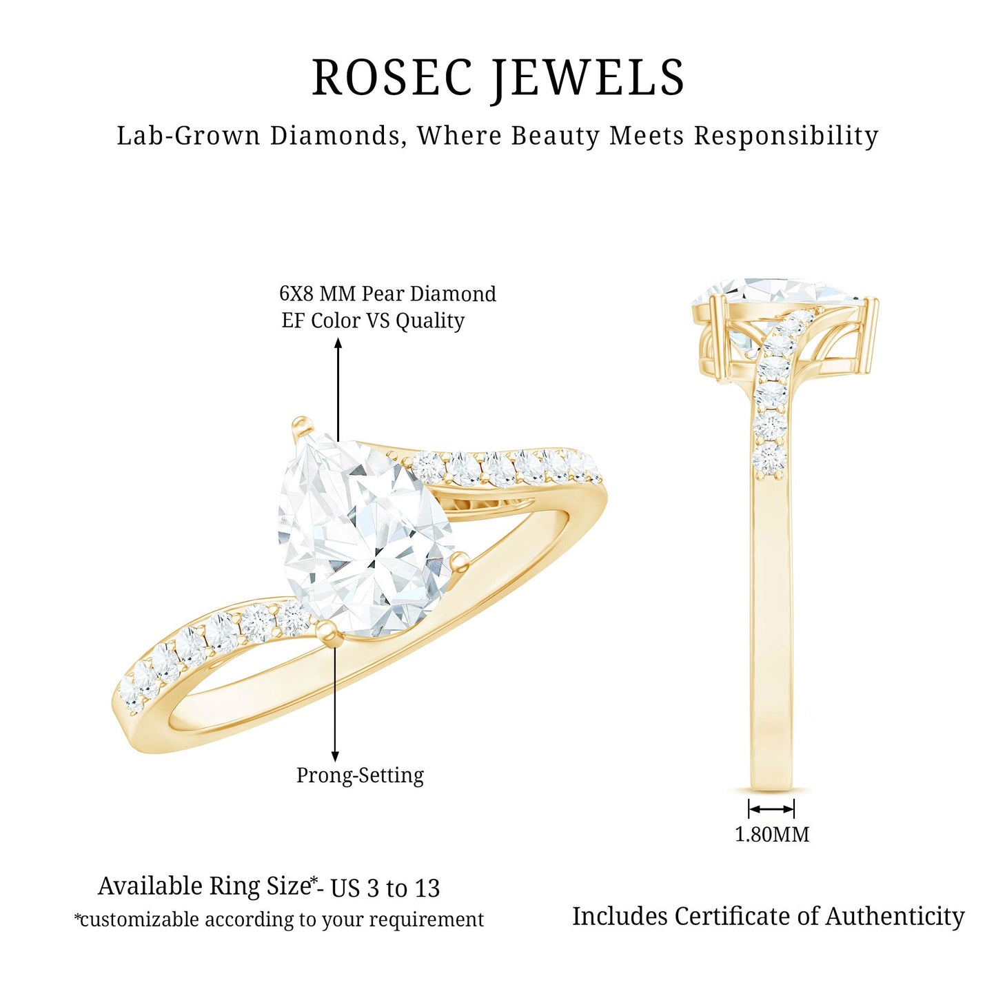 Certified 6X8 MM Pear Cut Lab Created Diamond Teardrop Engagement Ring