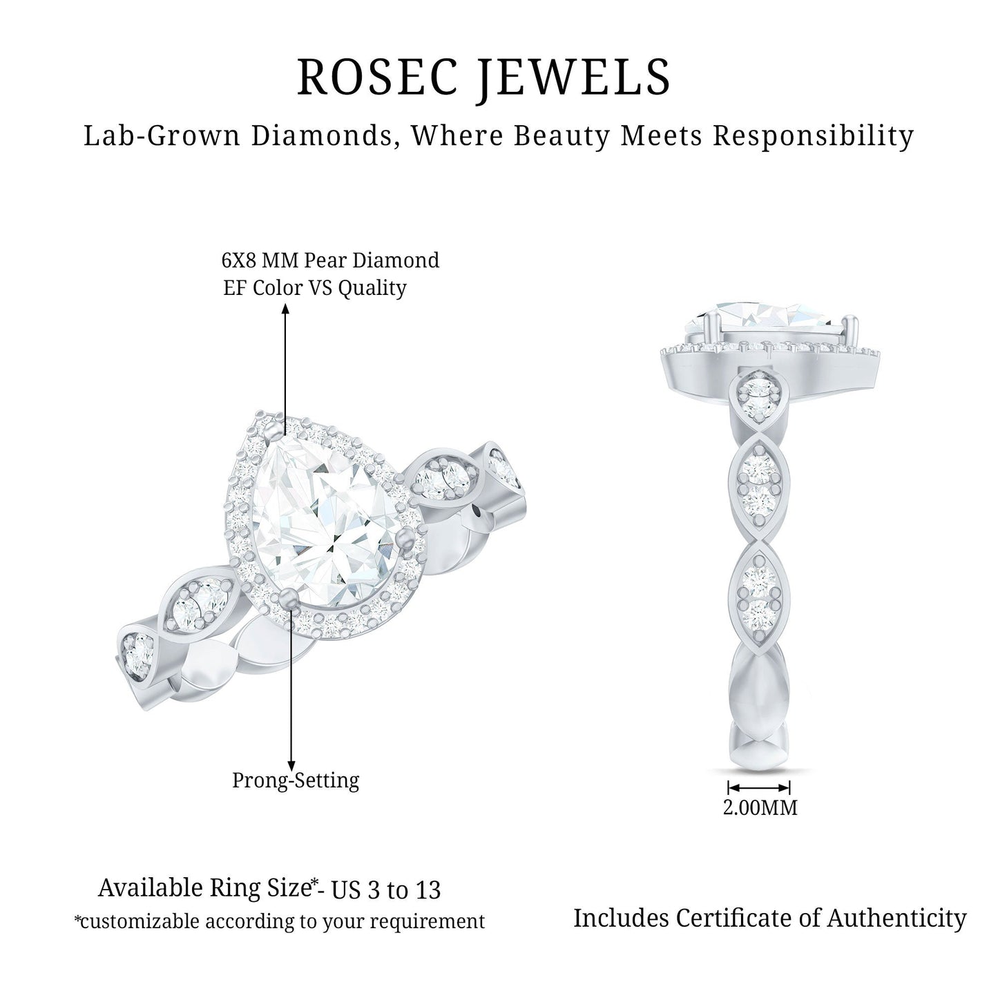 Lab Grown Diamond Teardrop Engagement Ring with Scalloped Shank