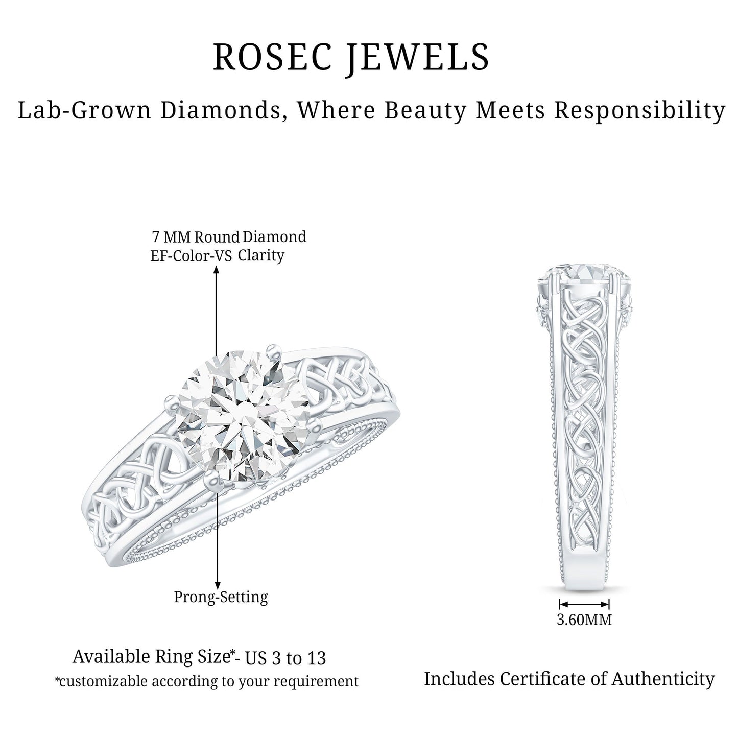 Certified 7 MM Lab Grown Diamond Celtic Design Engagement Ring