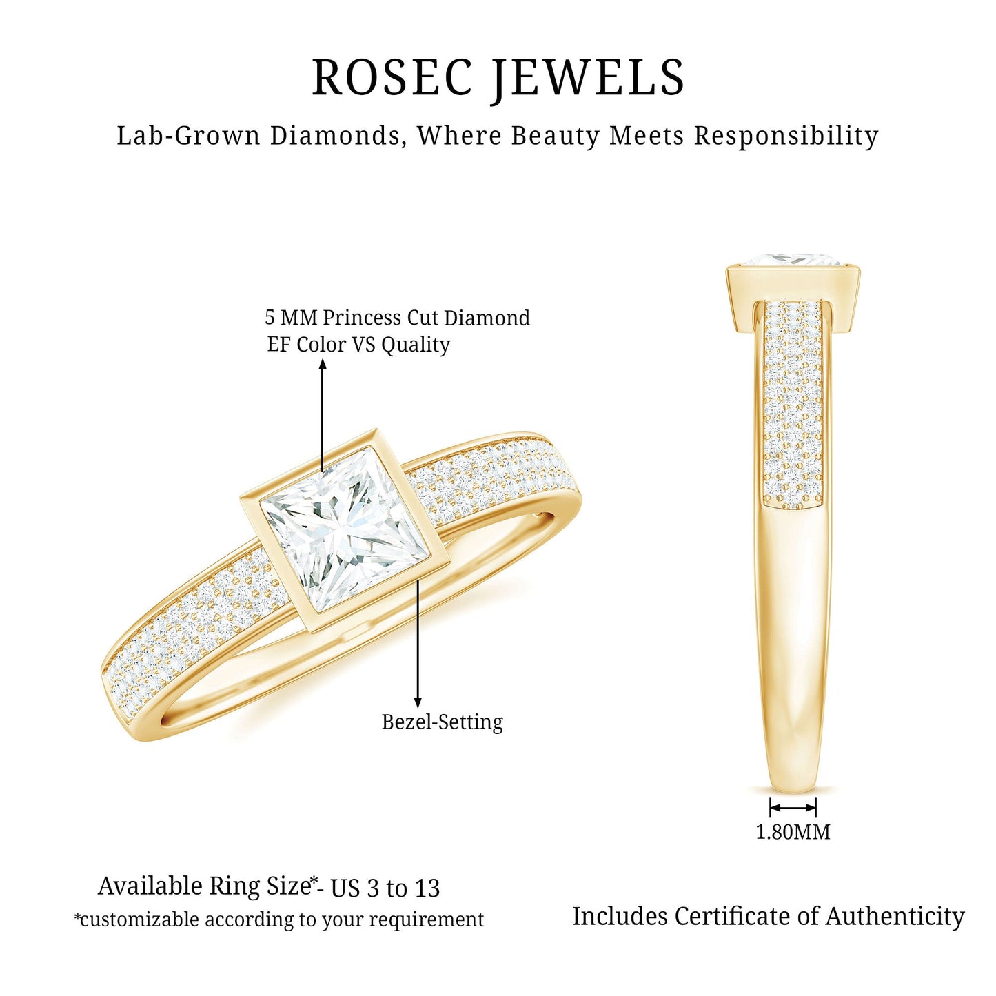 Princess Cut Lab Grown Diamond Bezel Set Engagement Ring
