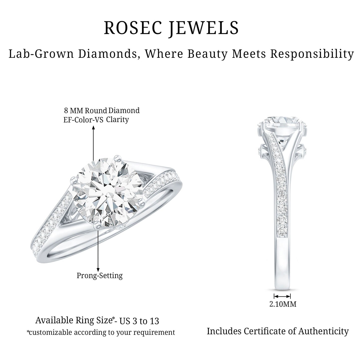 4 Prong Lab Grown Diamond Solitaire Engagement Ring with Split Shank