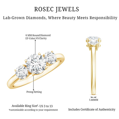 Round Cut Lab Grown Diamond 3 Stone Ring For Women