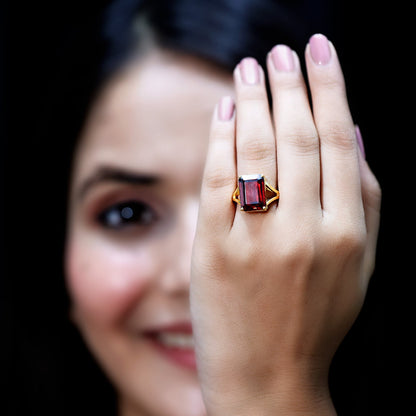 Certified 9 Carat Lab Grown Garnet Emerald Cut Engagement Ring with Split Shank