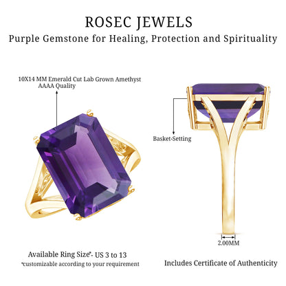 Certified 9 Carat Emerald Cut Lab Grown Amethyst Engagement Ring
