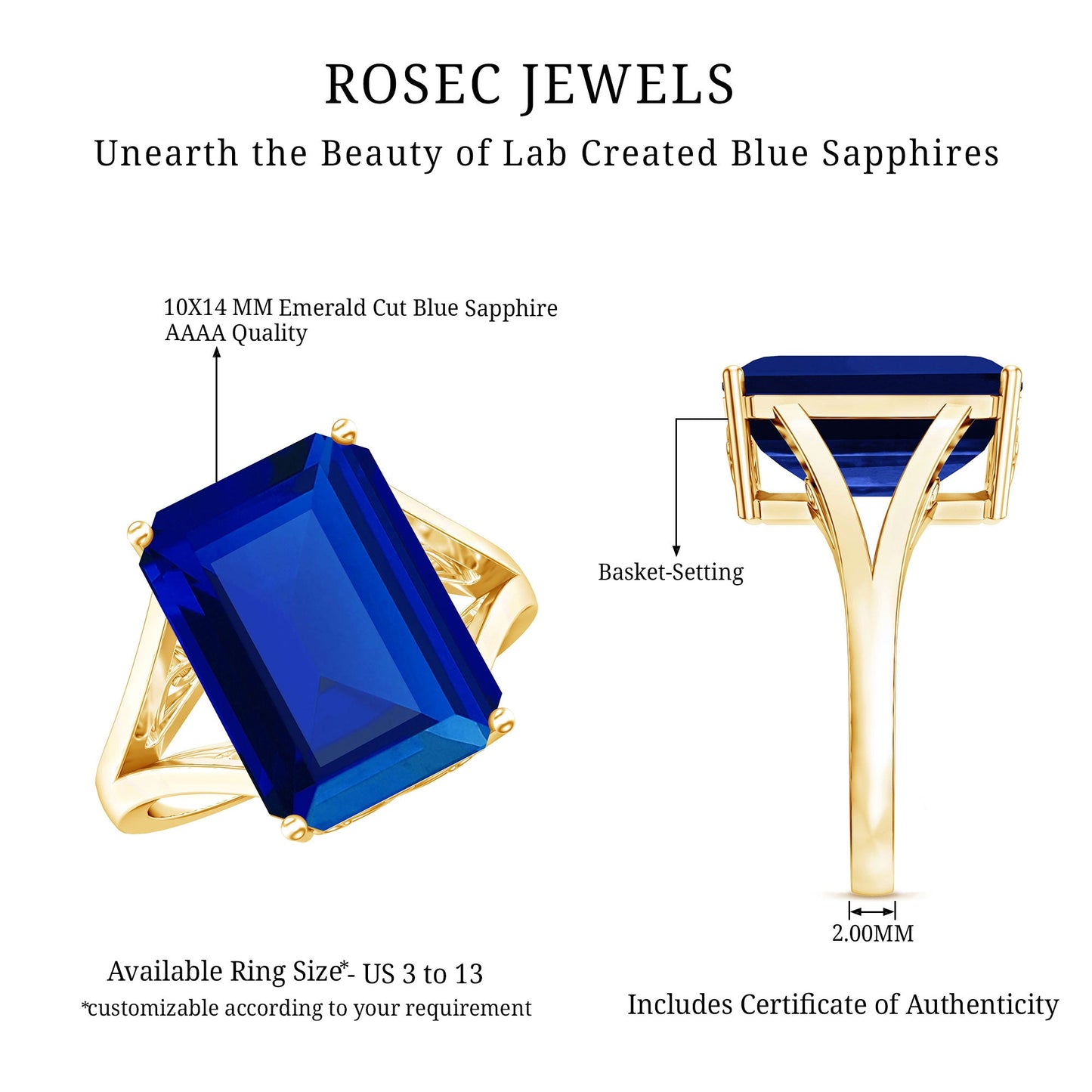 Emerald Cut 9 Carat Lab Created Blue Sapphire Engagement Ring for Women
