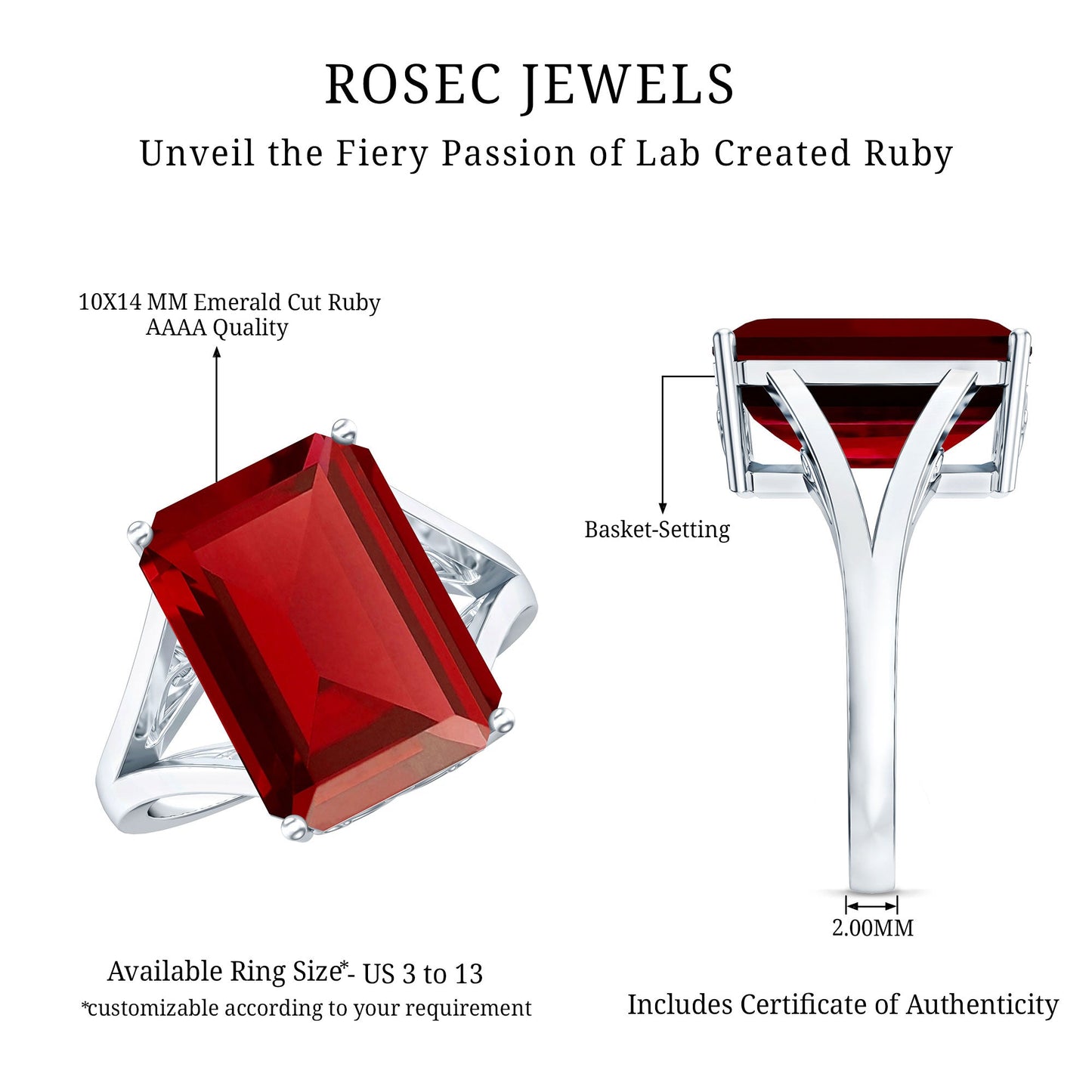 Lab Grown Ruby 10X14 MM Emerald Cut Engagement Ring with Split Shank