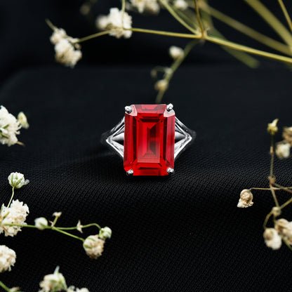 Lab Grown Ruby 10X14 MM Emerald Cut Engagement Ring with Split Shank