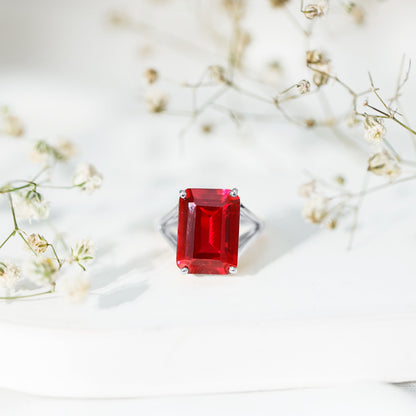 Lab Grown Ruby 10X14 MM Emerald Cut Engagement Ring with Split Shank