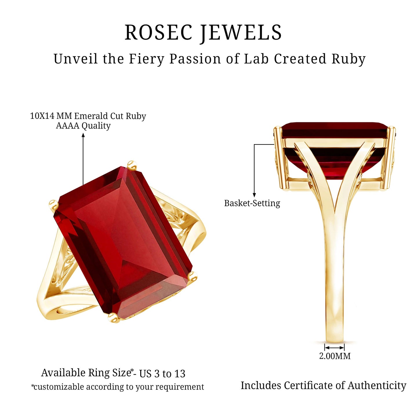 Lab Grown Ruby 10X14 MM Emerald Cut Engagement Ring with Split Shank