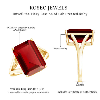 Certified 5 Carat Emerald Cut Lab Grown Ruby Engagement Ring with Split Shank