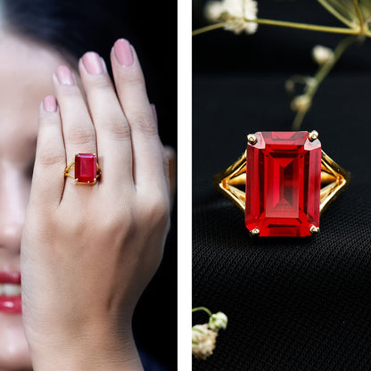 Lab Grown Ruby 10X14 MM Emerald Cut Engagement Ring with Split Shank