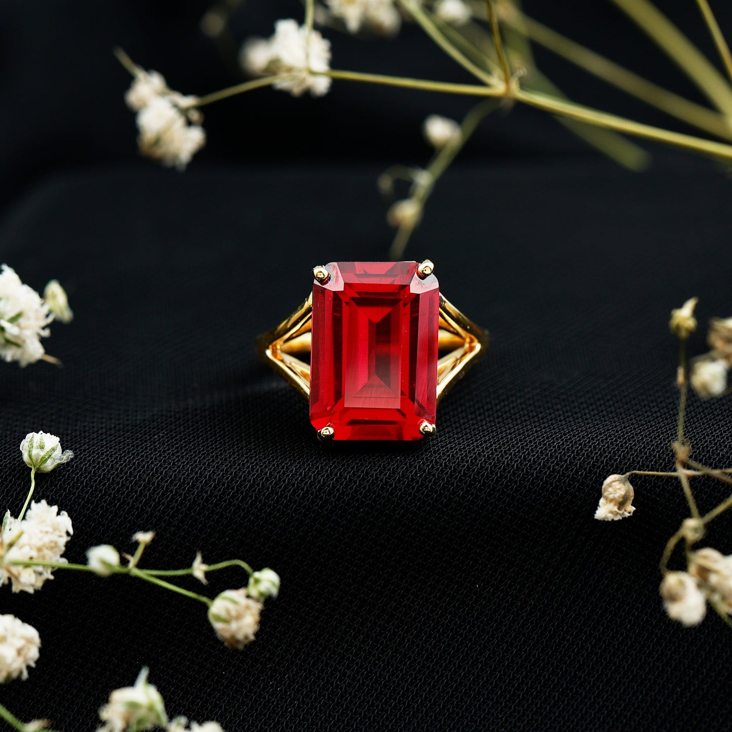 Lab Grown Ruby 10X14 MM Emerald Cut Engagement Ring with Split Shank