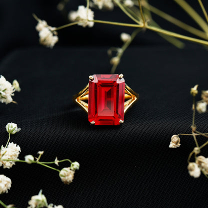 Certified 5 Carat Emerald Cut Lab Grown Ruby Engagement Ring with Split Shank