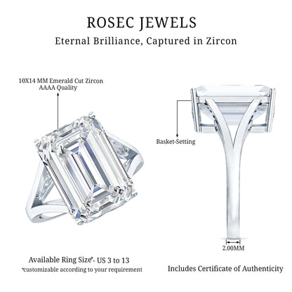 Certified 10X14 MM Emerald Cut Cubic Zirconia Solitaire Engagement Ring